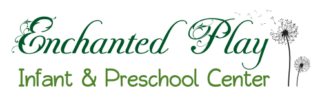 Enchanted Play Infant & Preschool Center logo with a green leafy design and two dandelions with seeds blowing in the wind.